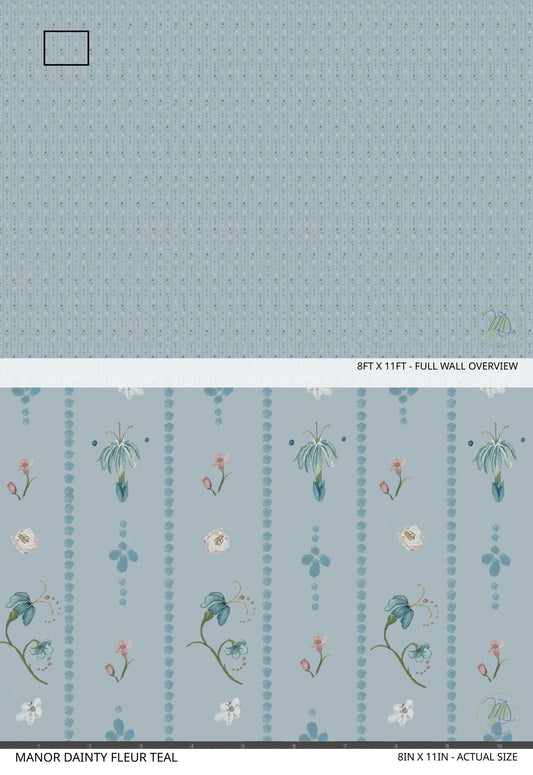 light blue floral wallpaper with delicate flowers and whimsical accents on a soft blue background.