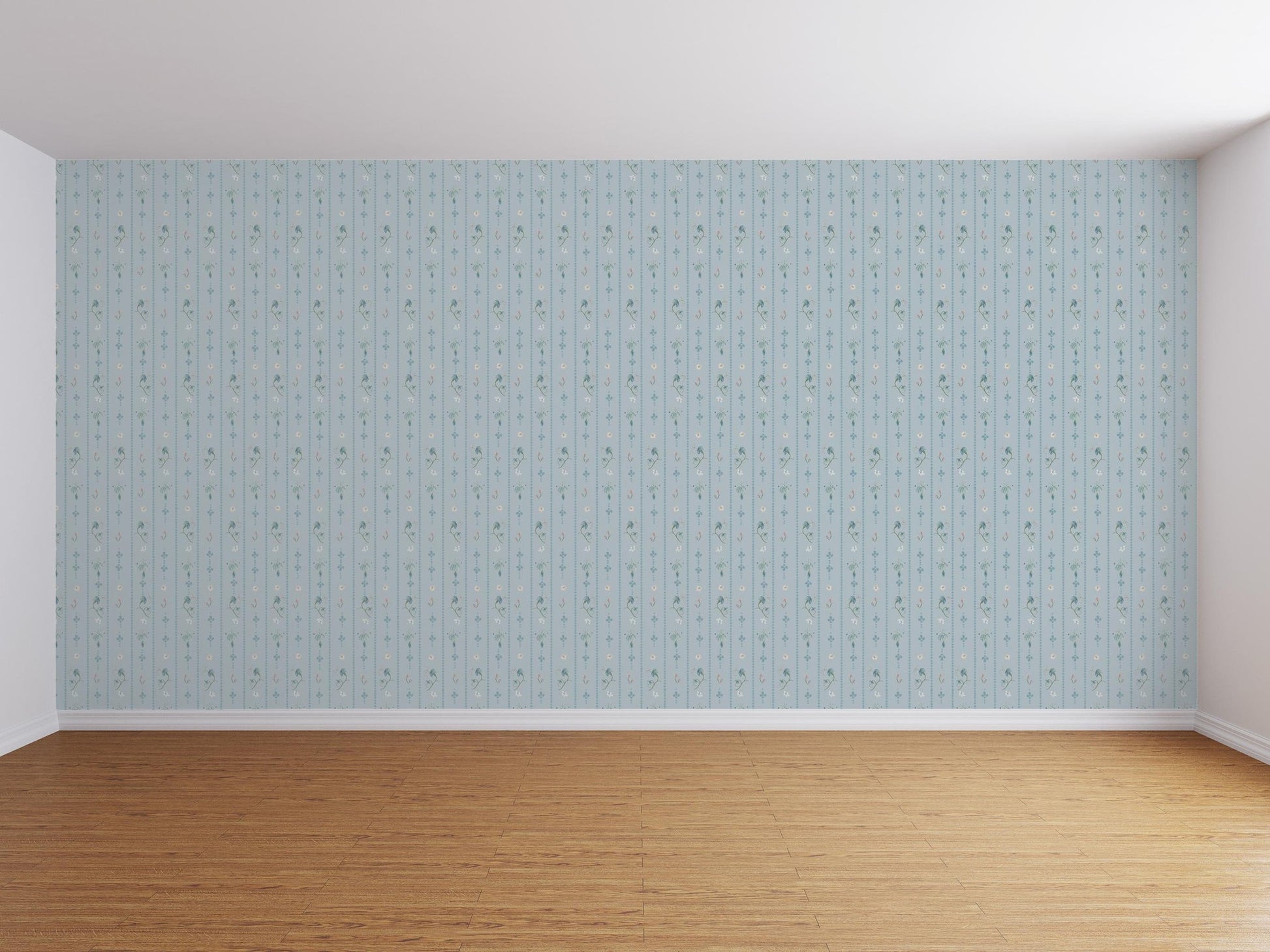 Teal floral wallpaper with delicate patterns in an empty room setting.