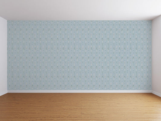 Teal floral wallpaper with delicate patterns in an empty room setting.
