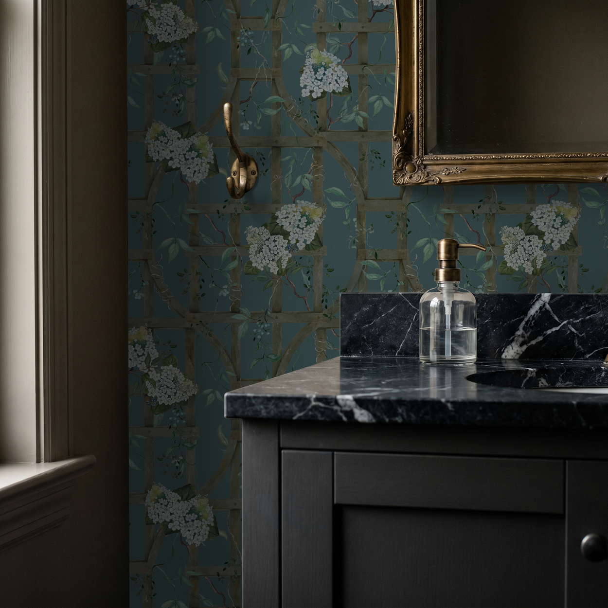 Teal wallpaper with white hydrangeas on trellis in elegant bathroom setting.