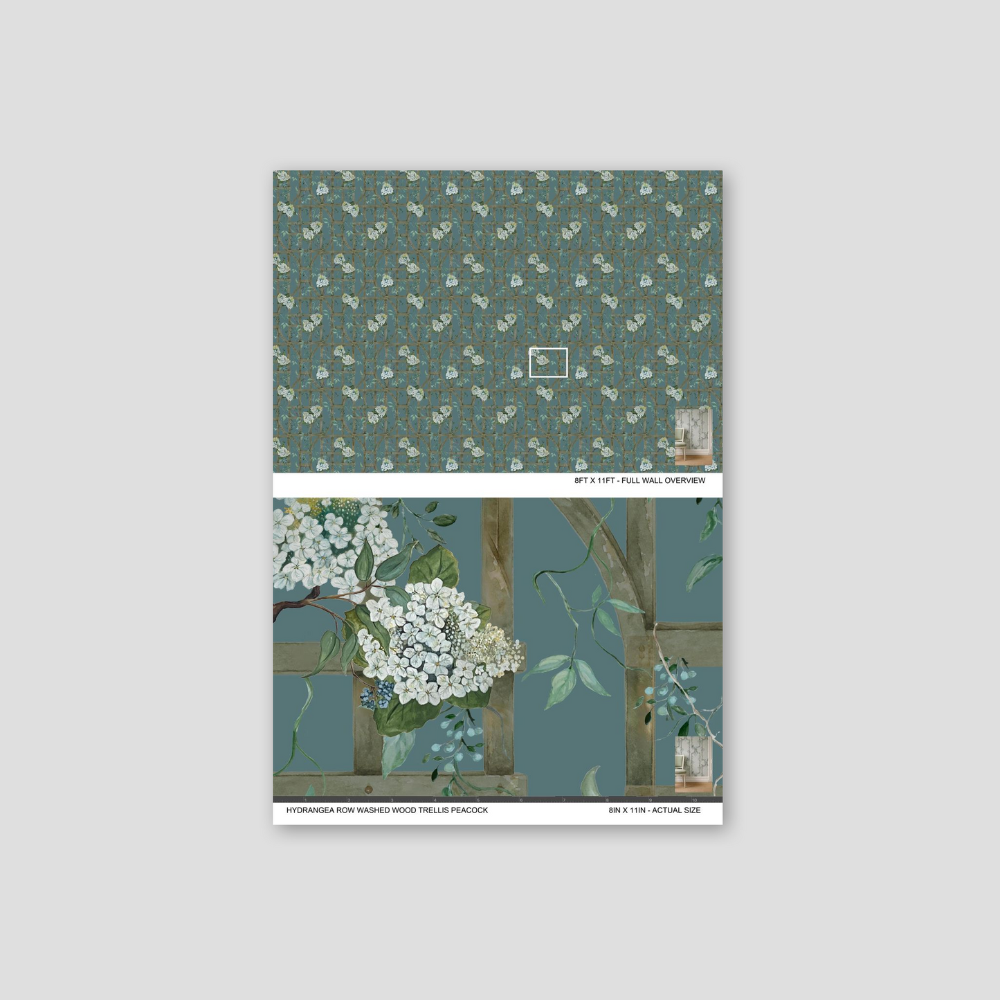 Teal wallpaper with white hydrangeas on a wood trellis pattern.