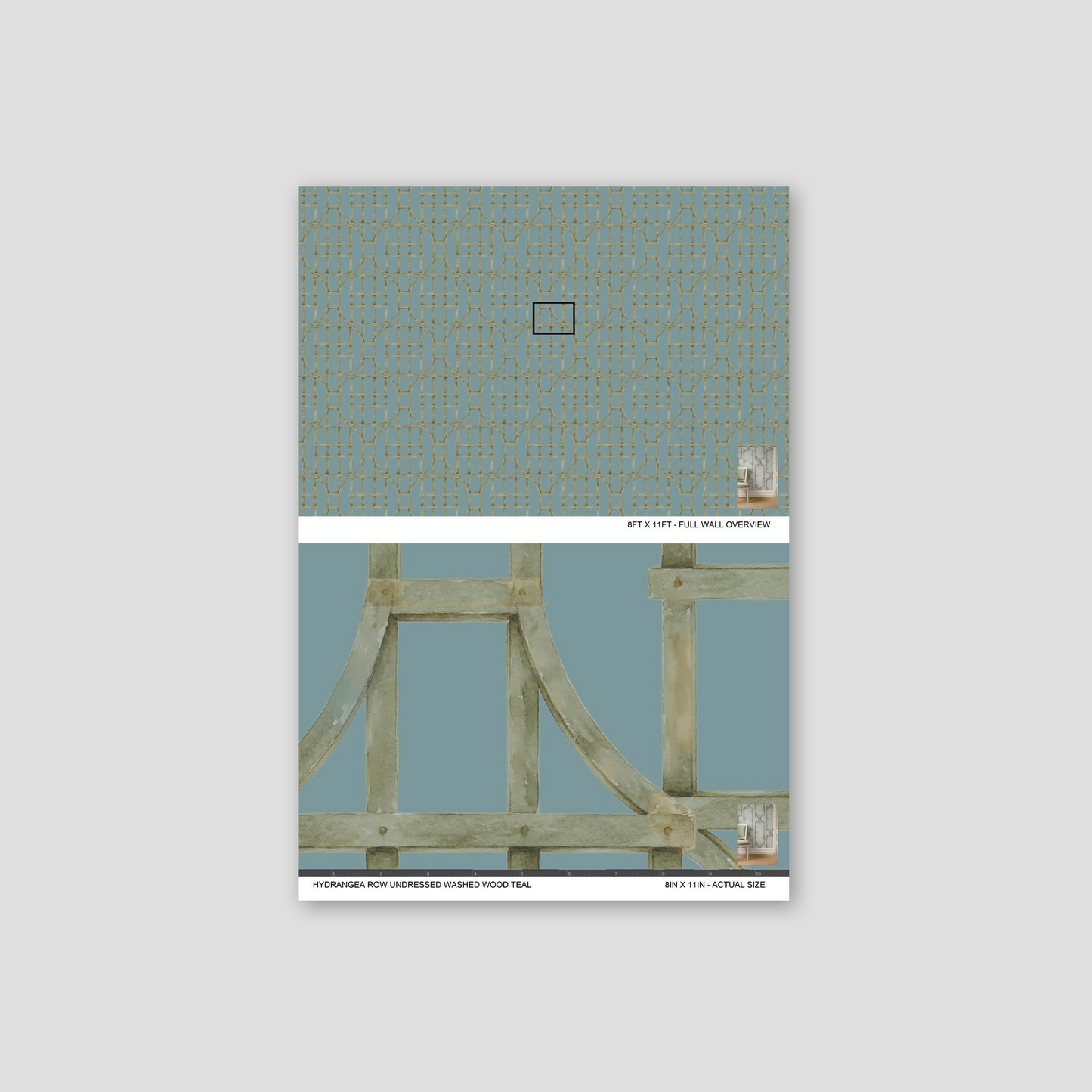 Teal trellis pattern wallpaper with muted green lattice on blue backdrop.