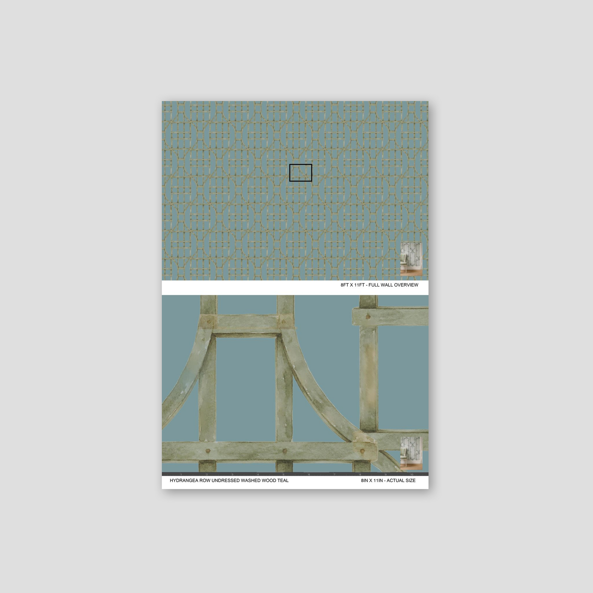 Teal trellis pattern wallpaper with muted green lattice on blue backdrop.