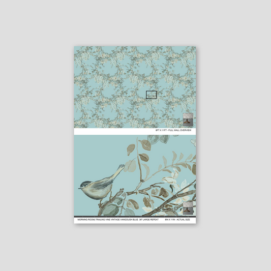 Trailing vine wallpaper with birds on aqua background, floral pattern.