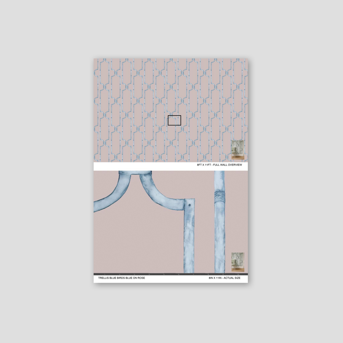 Trellis Blue Birds wallpaper with blue geometric pattern on rose background.