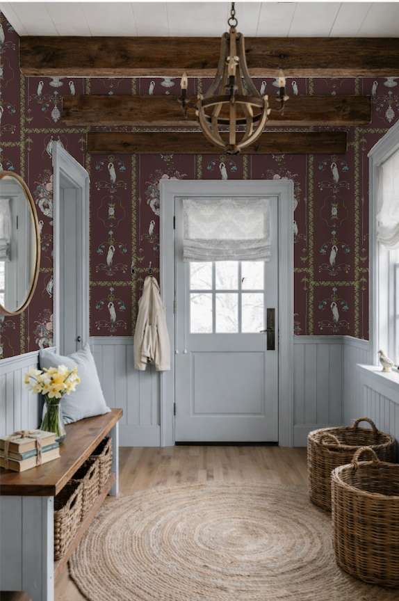 Foyer with burgundy wallpaper Manor house
