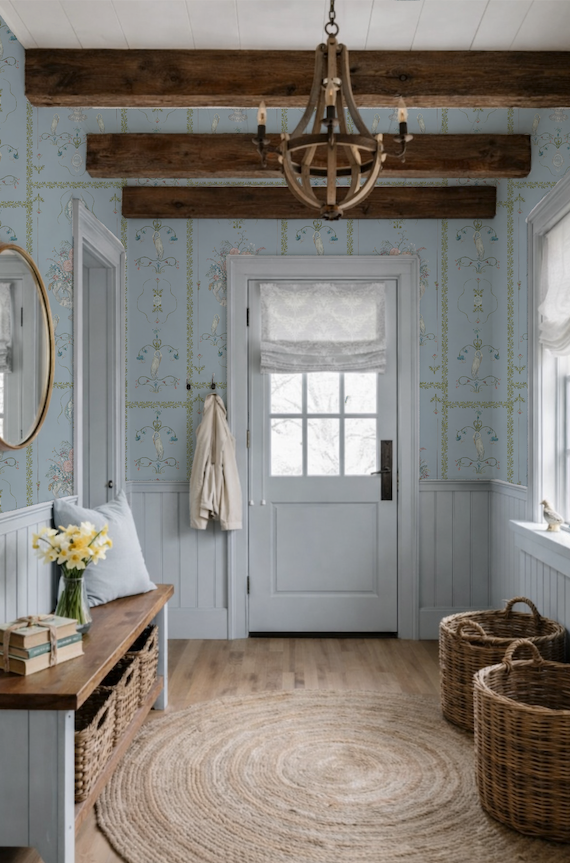 Foyer with wooden bench, baskets, and chandelier in a home interior.