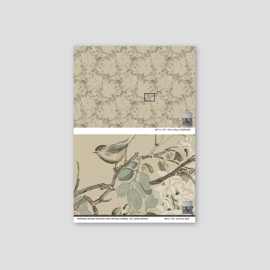 Vintage floral and bird motif wallpaper with vines and leaves in soft earthy tones.
