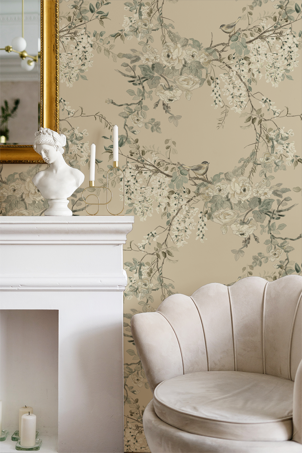 Vintage floral wallpaper with birds and vines in elegant living room setting.