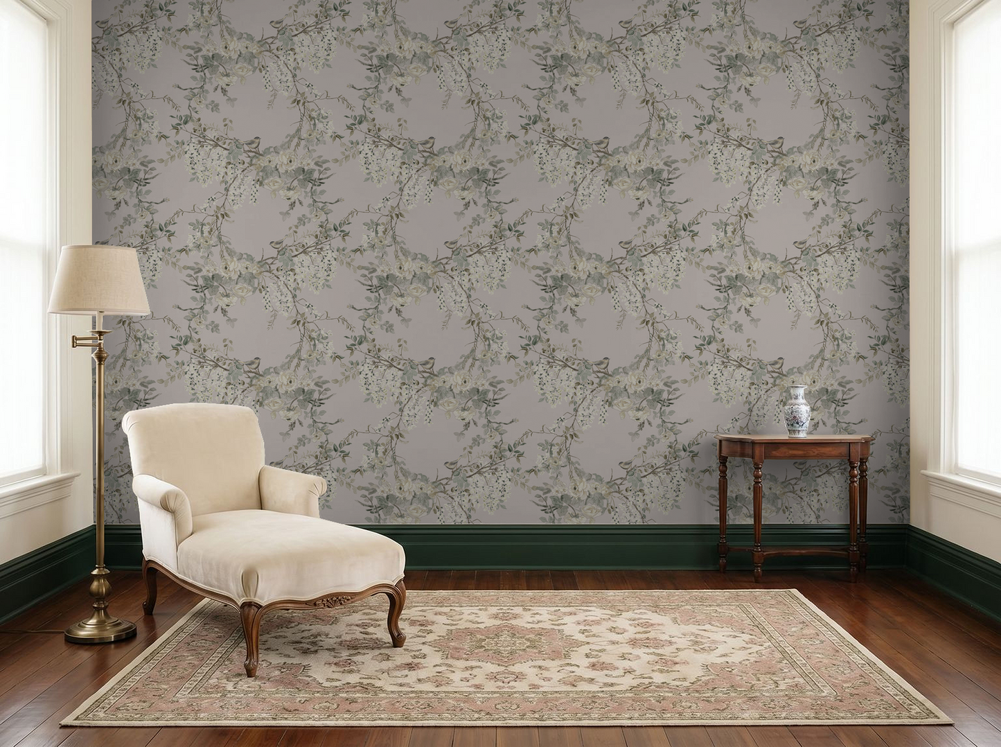 Vintage floral wallpaper with trailing vine pattern in elegant living room setting.