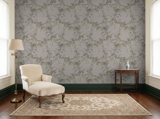 Vintage floral wallpaper with trailing vine pattern in elegant living room setting.
