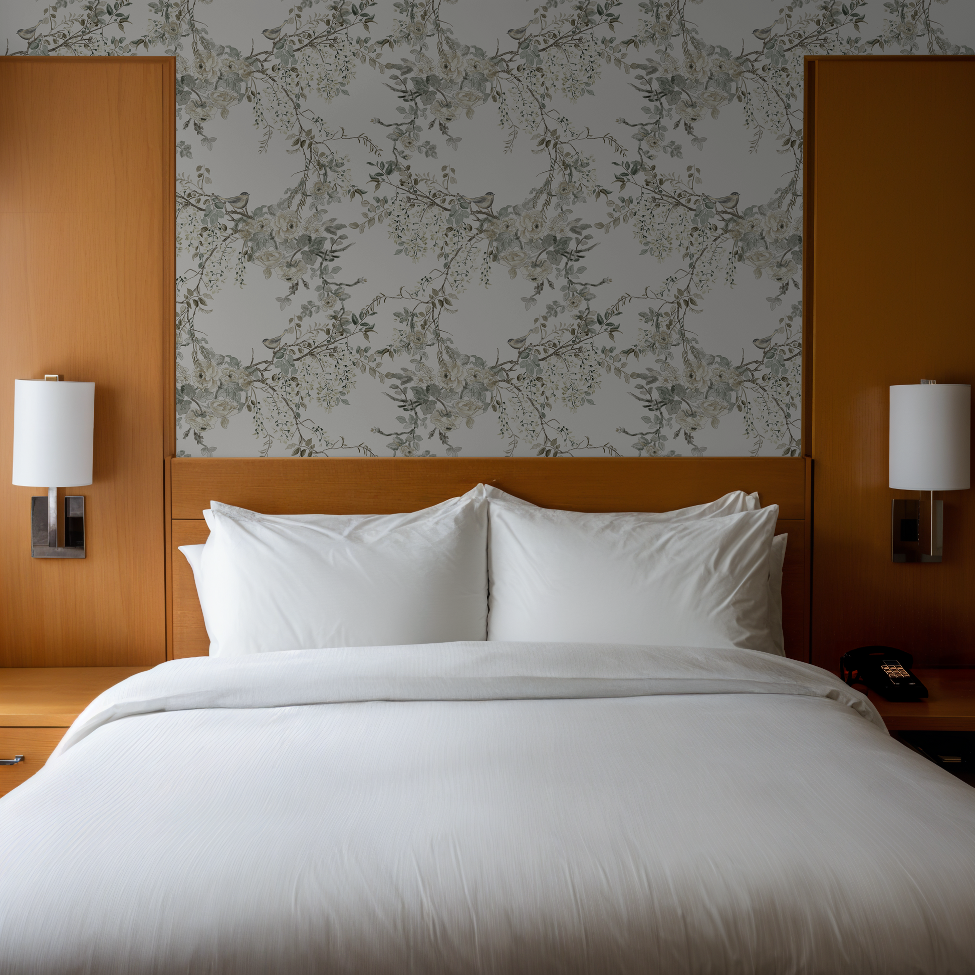 Vintage ivory wallpaper with floral and bird pattern in a cozy bedroom setting.