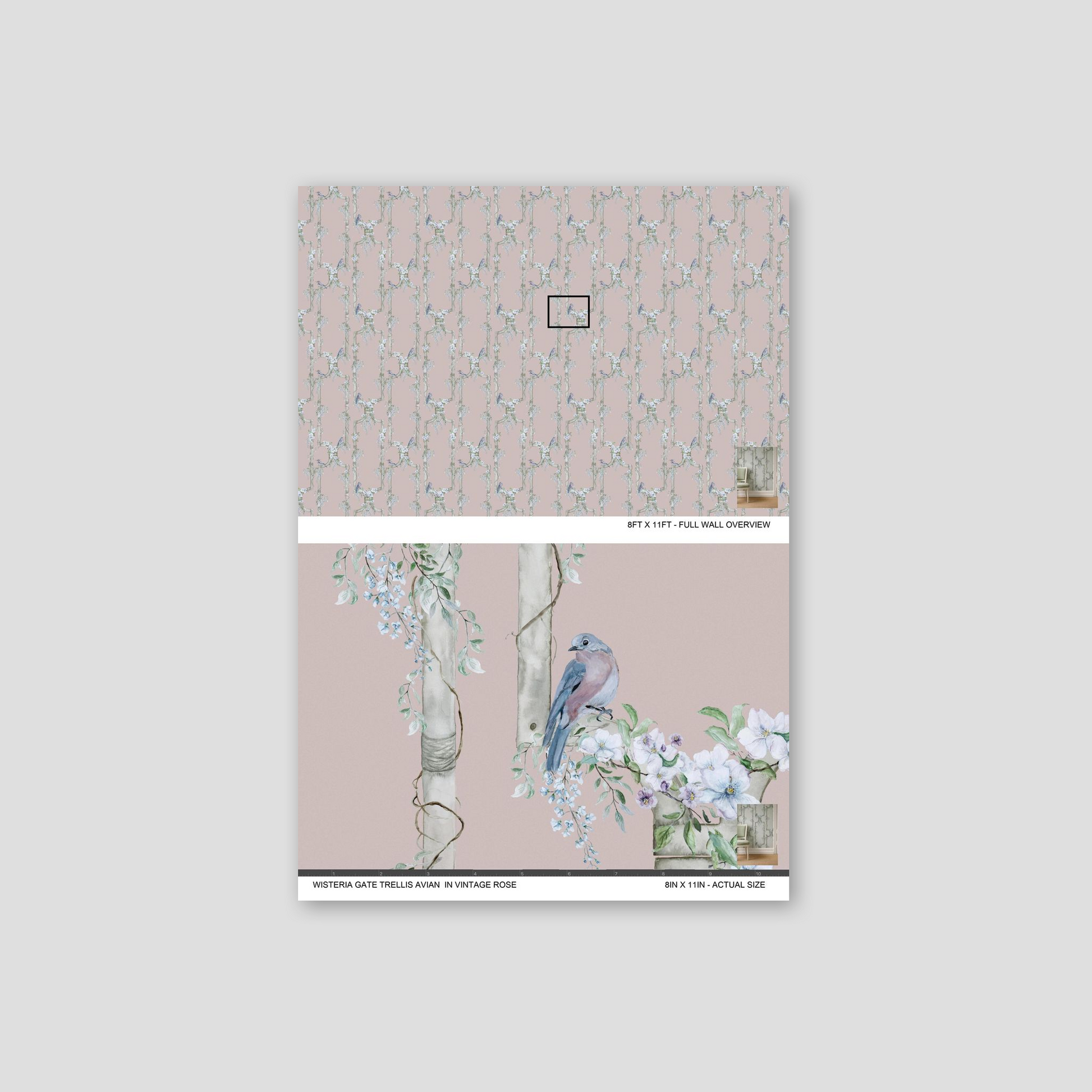 Vintage rose wallpaper with birds and floral trellis pattern.