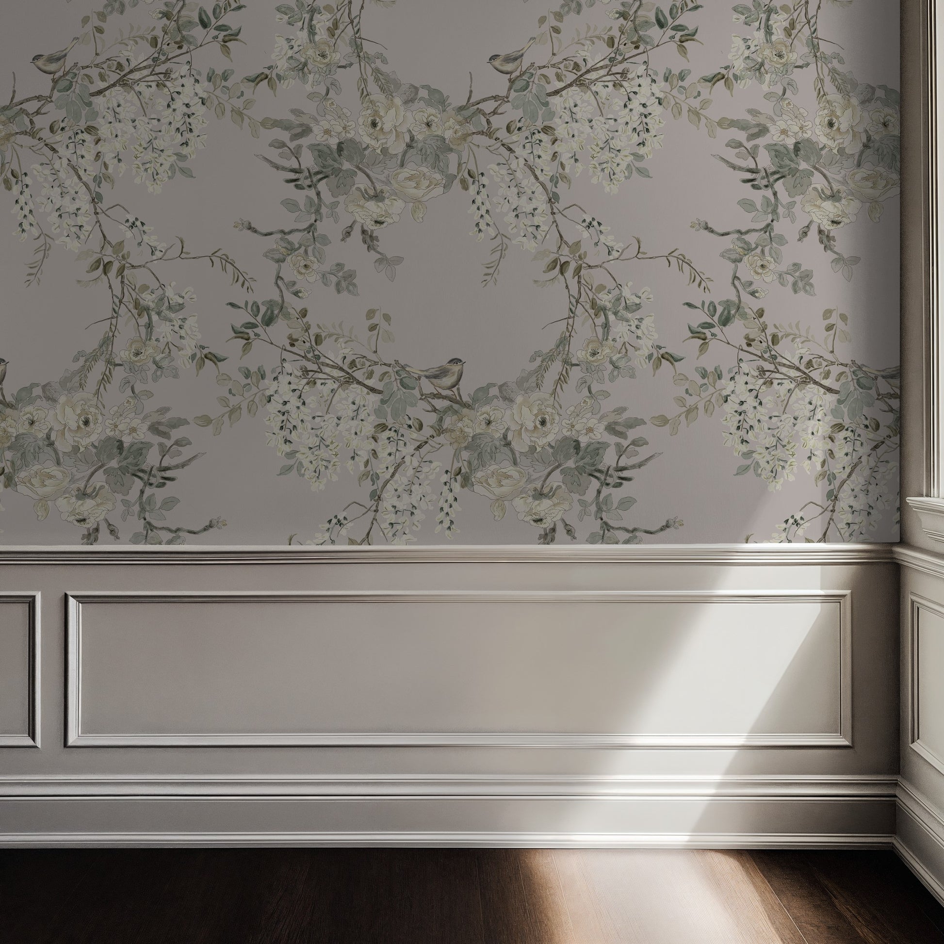Vintage rose and bird floral wallpaper in elegant room setting