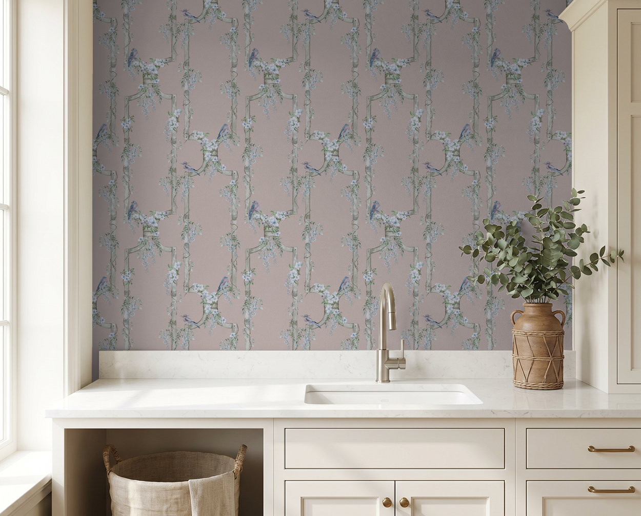 Vintage rose wallpaper with birds and florals in a kitchen setting.