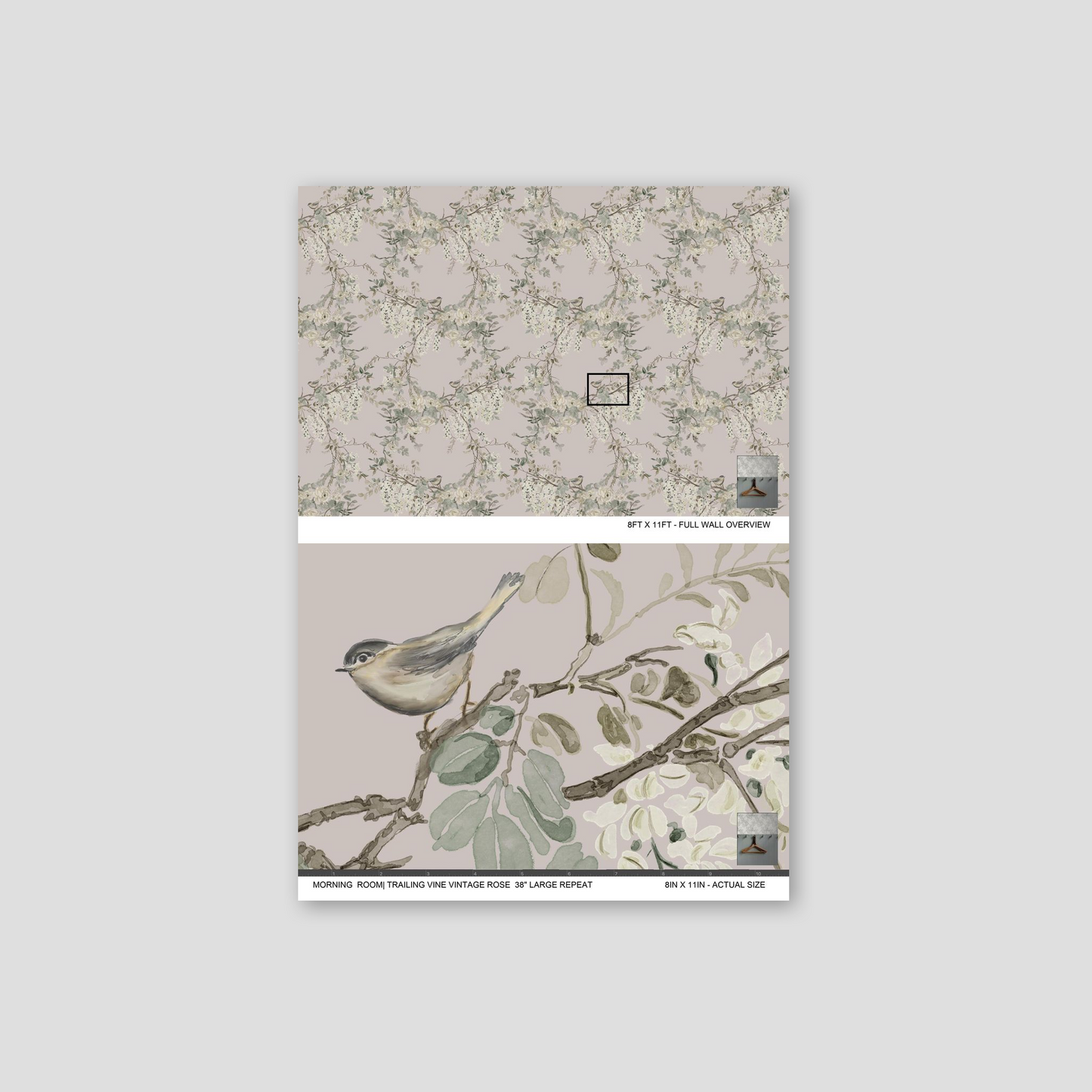 Vintage rose wallpaper with delicate florals and bird motif in soft pastel hues.