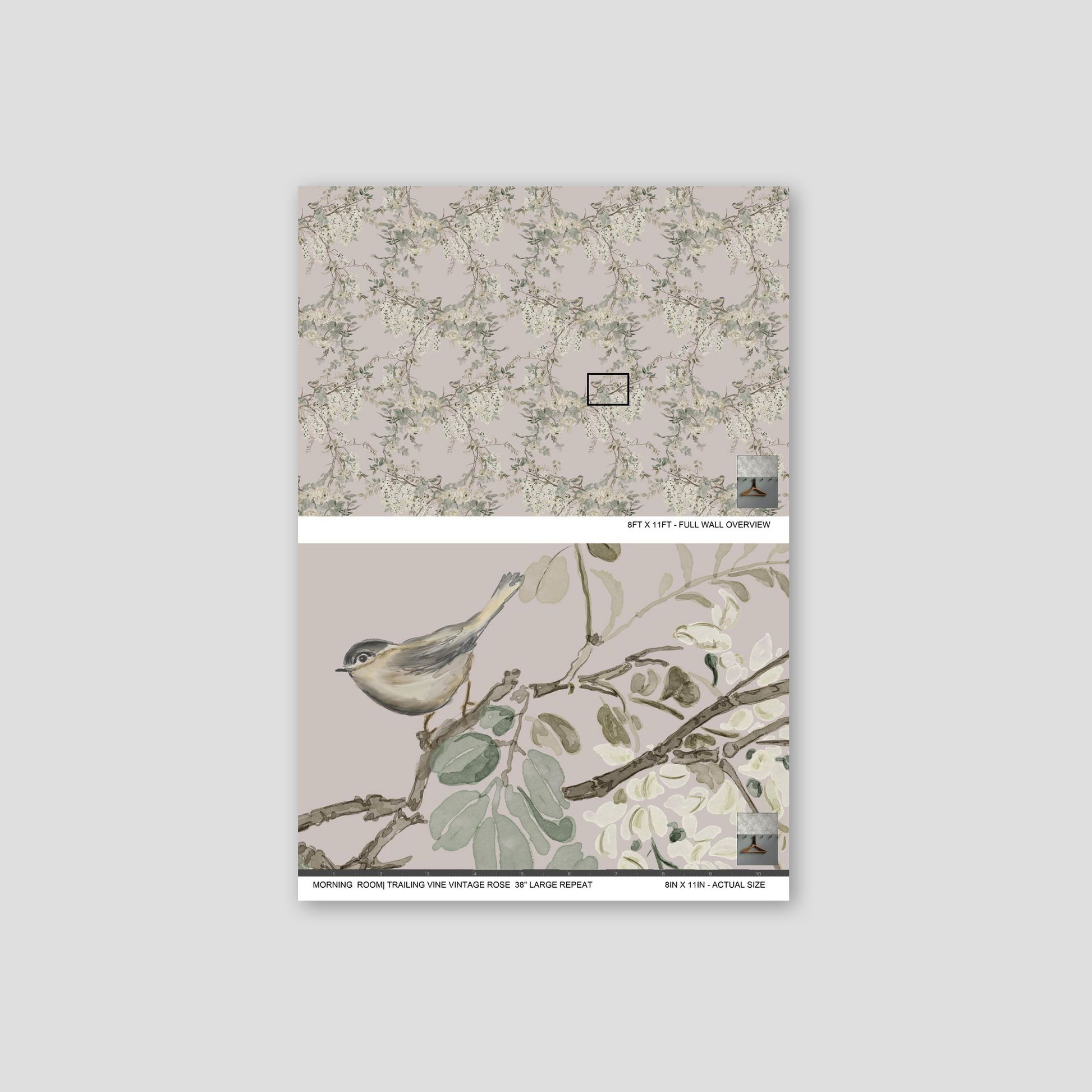 Vintage rose wallpaper with delicate florals and bird motif in soft pastel hues.
