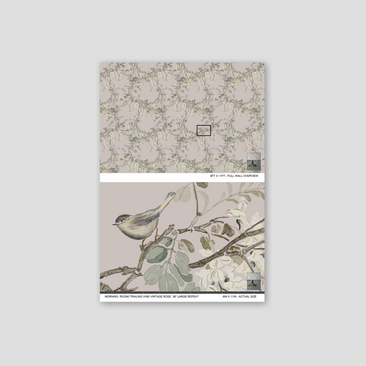 Vintage rose wallpaper with delicate florals and bird motif in soft pastel hues.