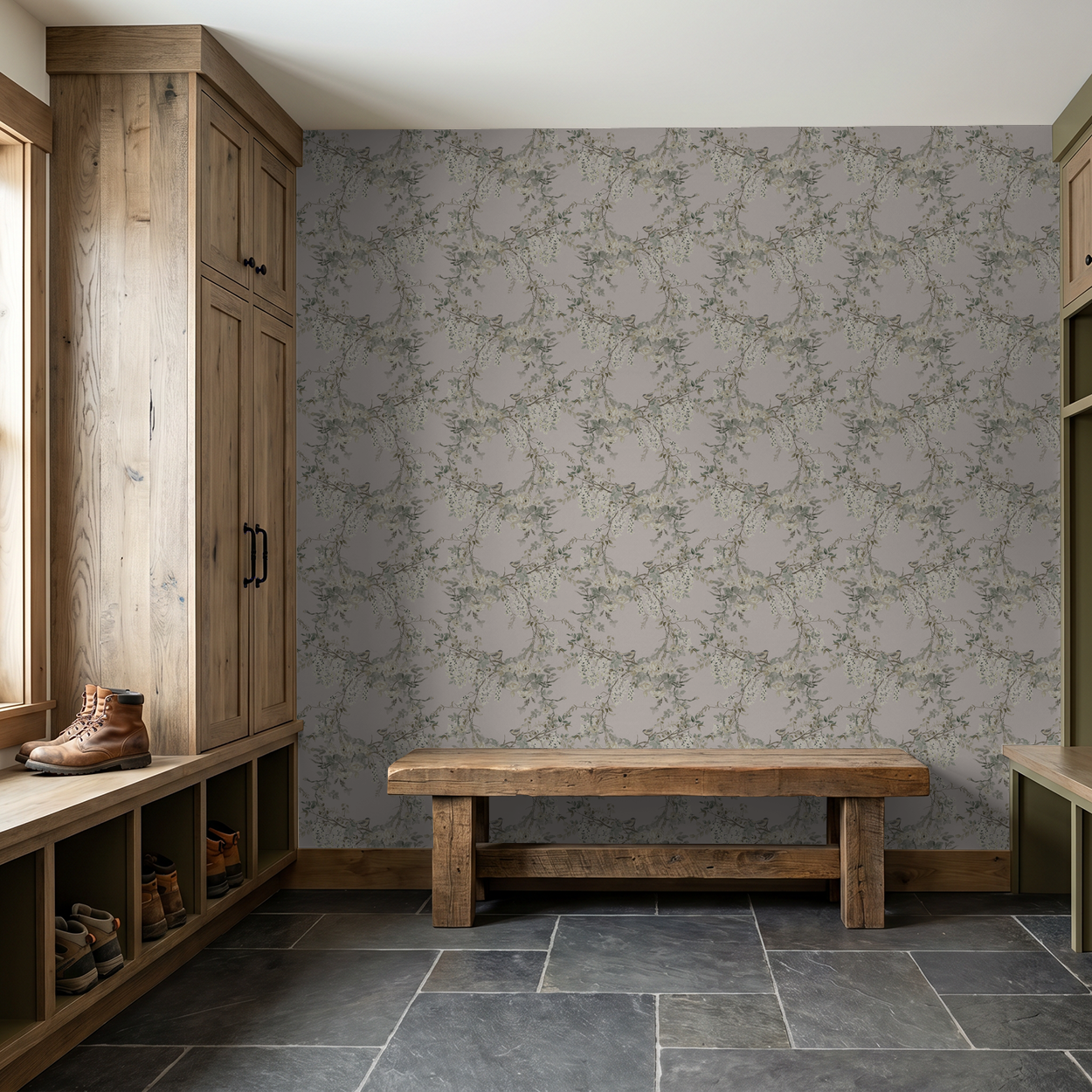 Vintage rose floral wallpaper with birds in rustic entryway setting.