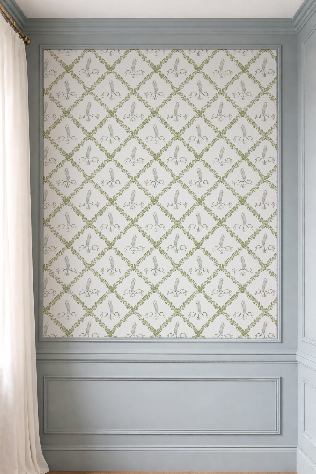 Wall with decorative wallpaper featuring a geometric pattern and gray paneling.