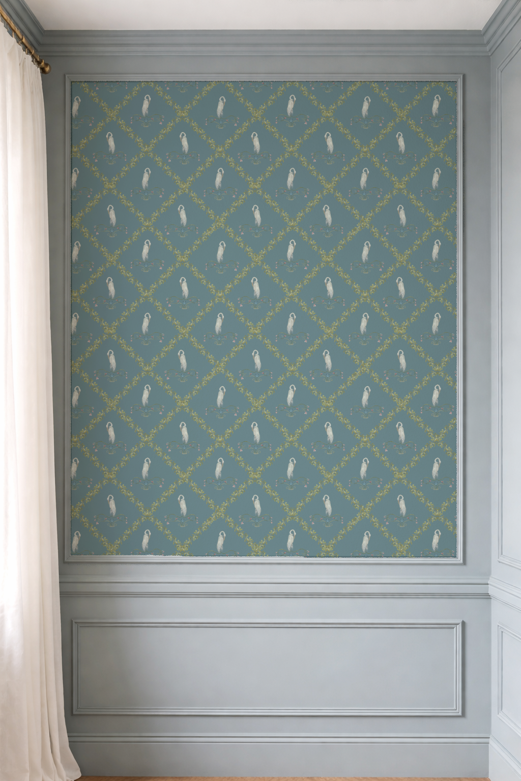 Wall with decorative patterned wallpaper and gray paneling
