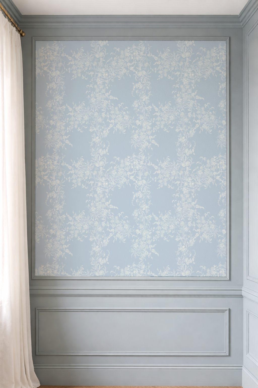 Sun Room Wallpaper | Climbing Floral Vine | Misty Blue Monochrome | Melissa Dayton Wallpaper