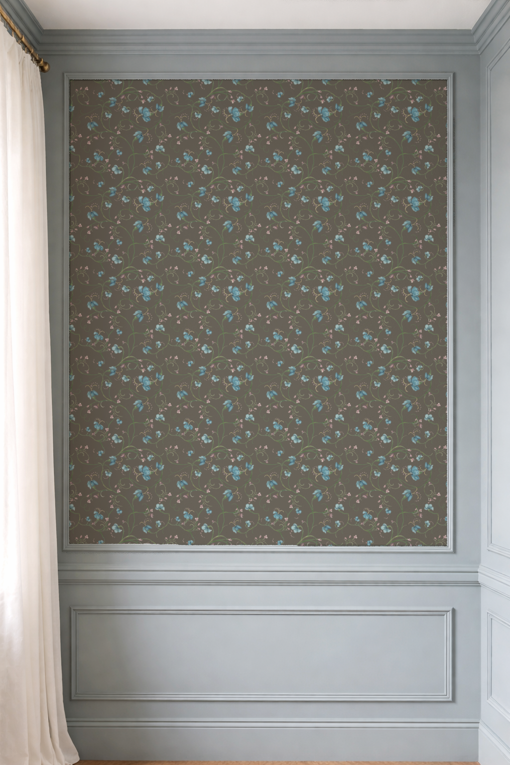 Wall with decorative patterned wallpaper and gray paneling