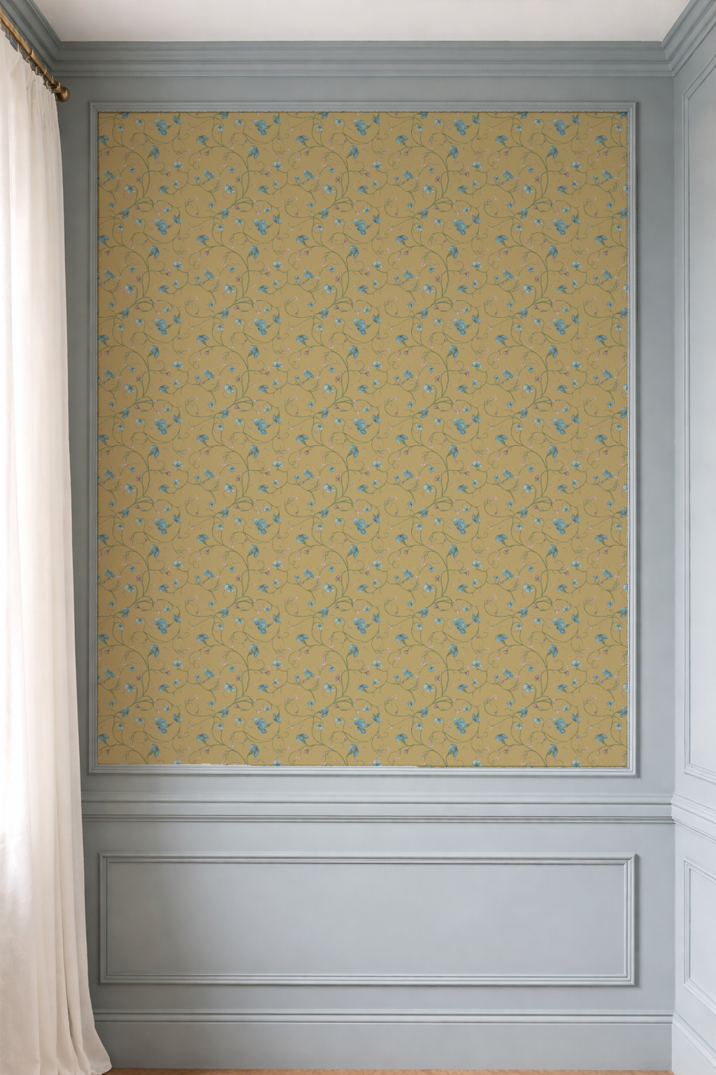 Wall with floral-patterned wallpaper framed by gray moldings