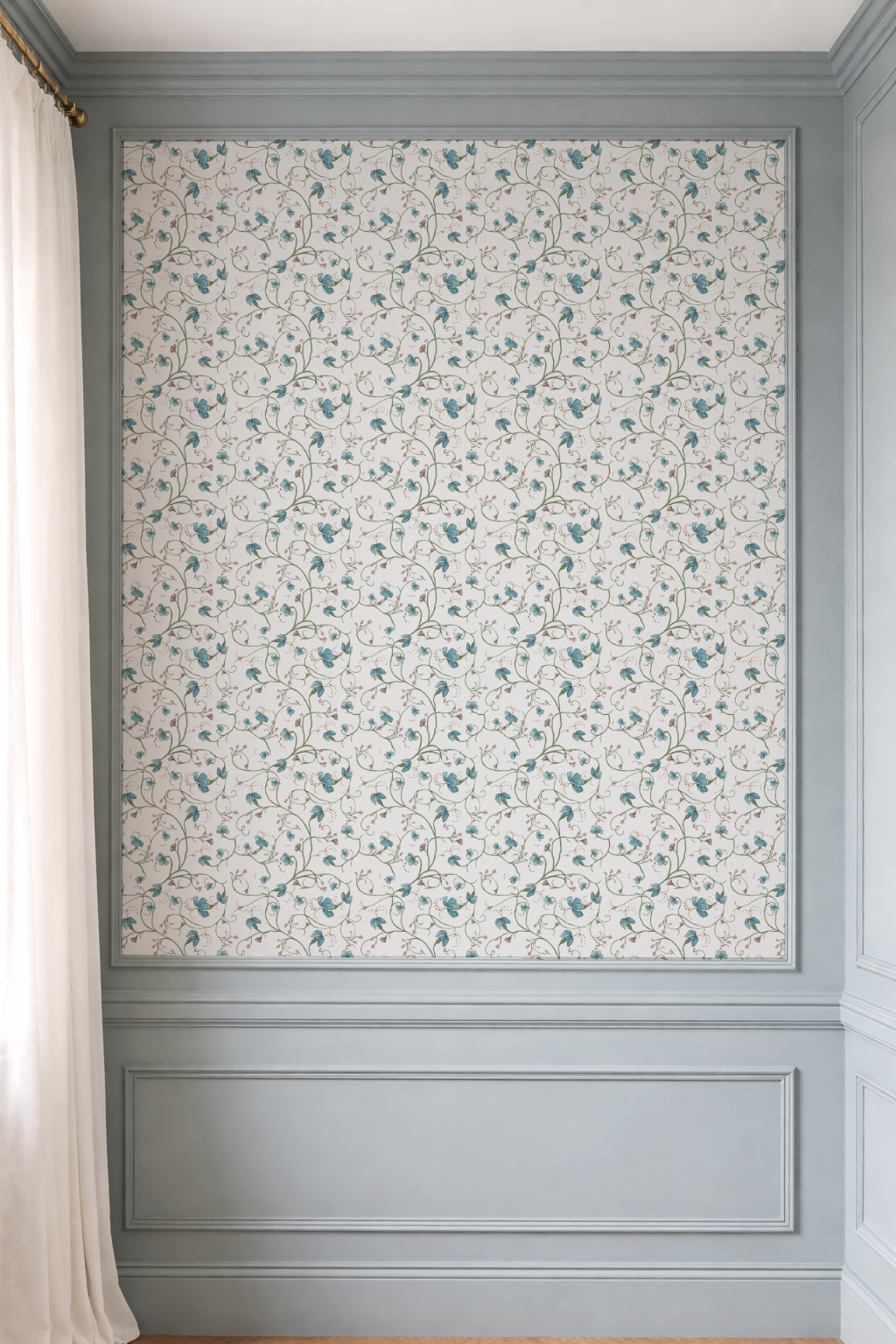 Wall with floral wallpaper and gray paneling