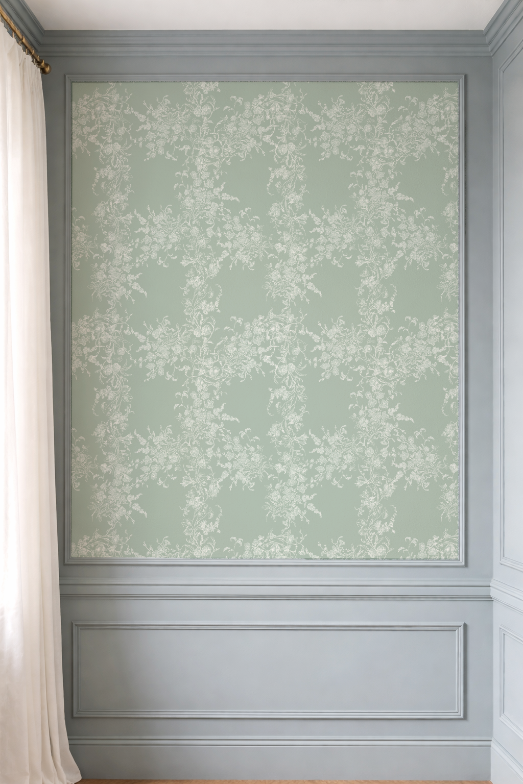 Sun Room Wallpaper | Climbing Floral Vine |Garden Green Monochrome | Melissa Dayton Wallpaper