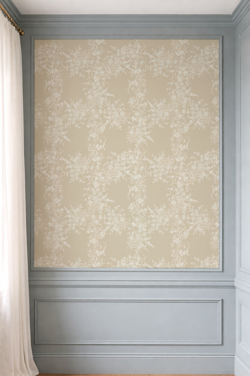 Wall with decorative wallpaper and gray molding