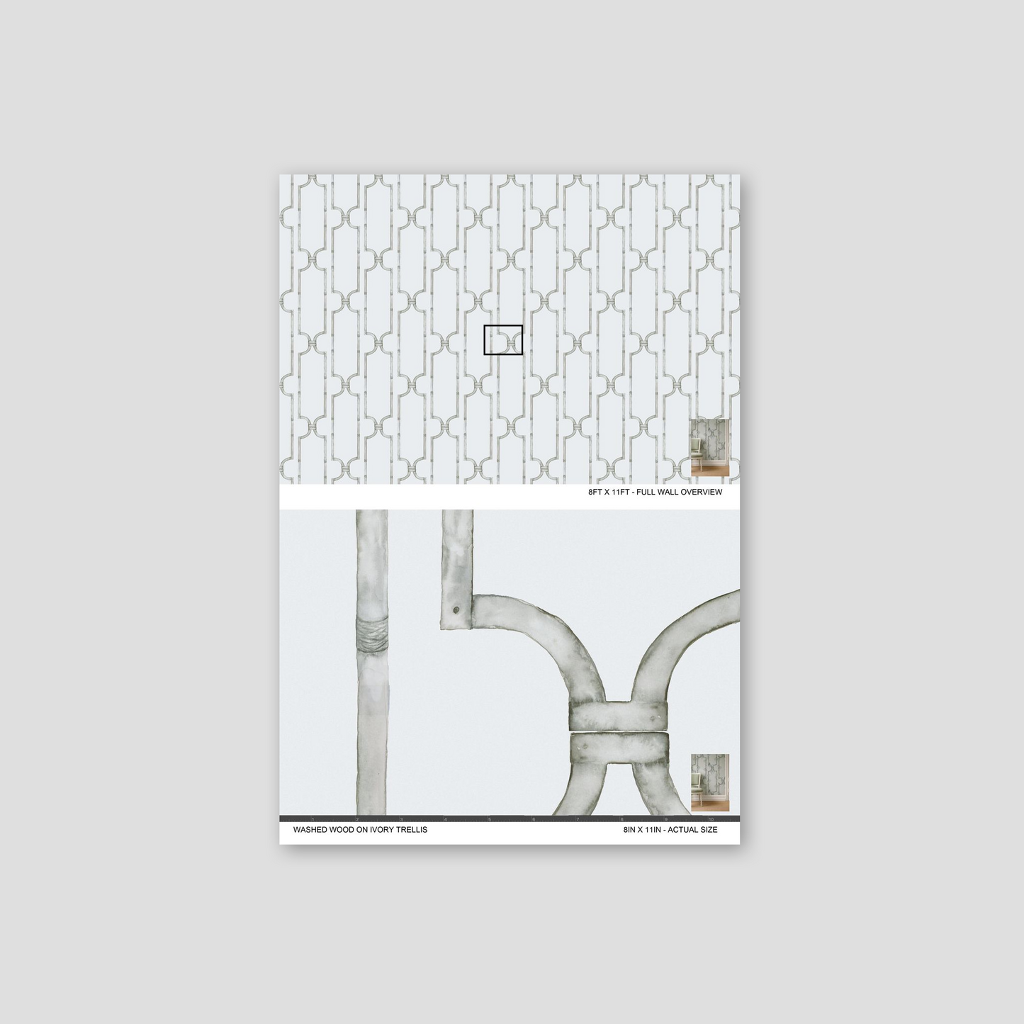 Washed wood on ivory trellis wallpaper with geometric pattern in muted blues and browns.