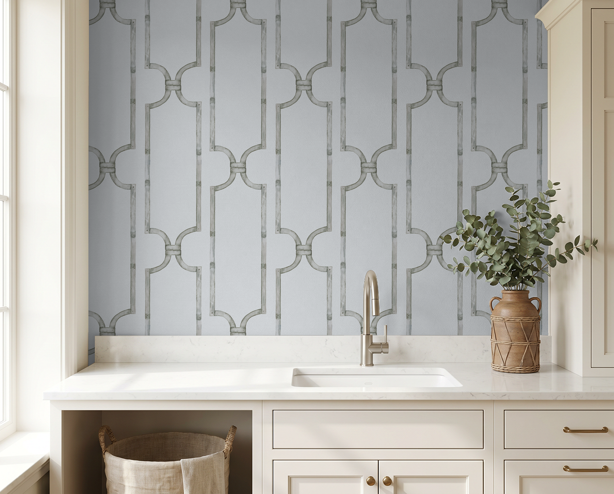 Washed wood ivory trellis wallpaper in elegant kitchen setting.