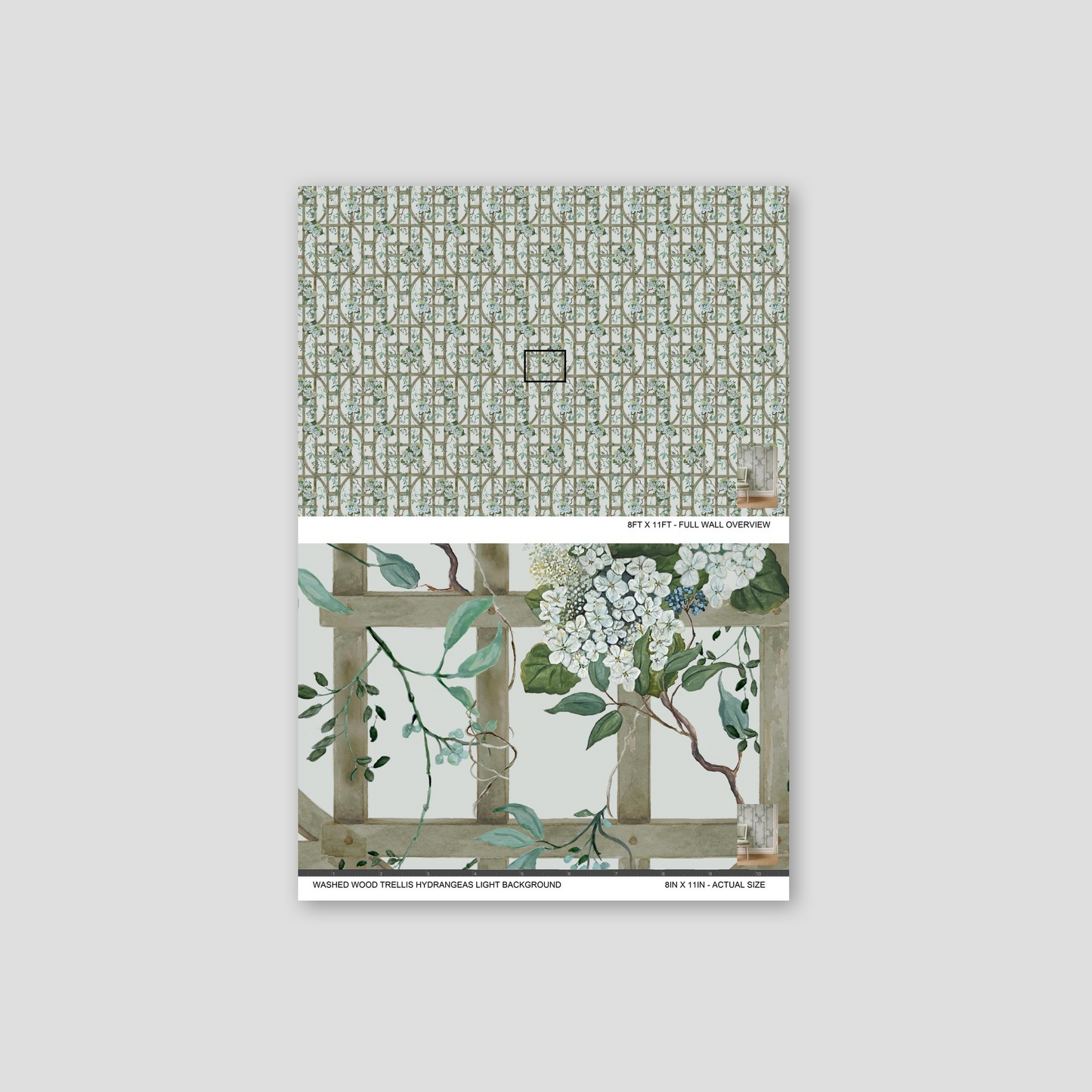 Wallpaper with hydrangeas and trellis pattern in muted greens and whites.
