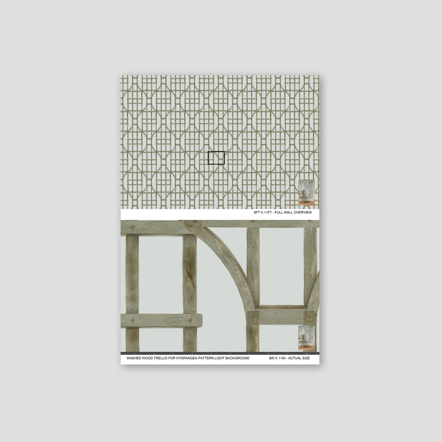 Washed wood trellis wallpaper with muted green lattice on light background.