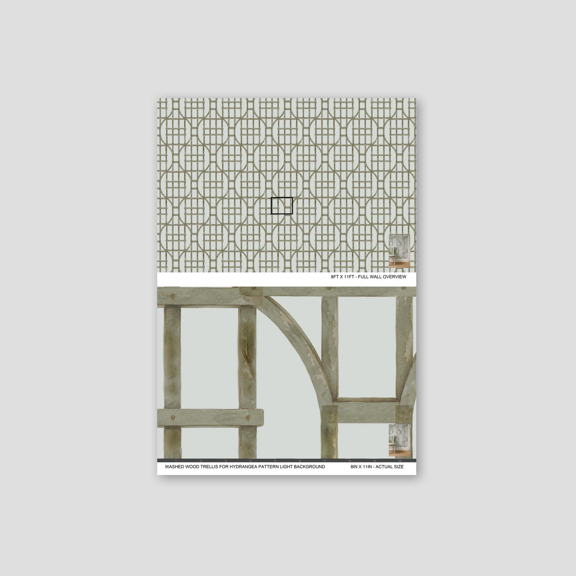 Washed wood trellis wallpaper with muted green lattice on light background.