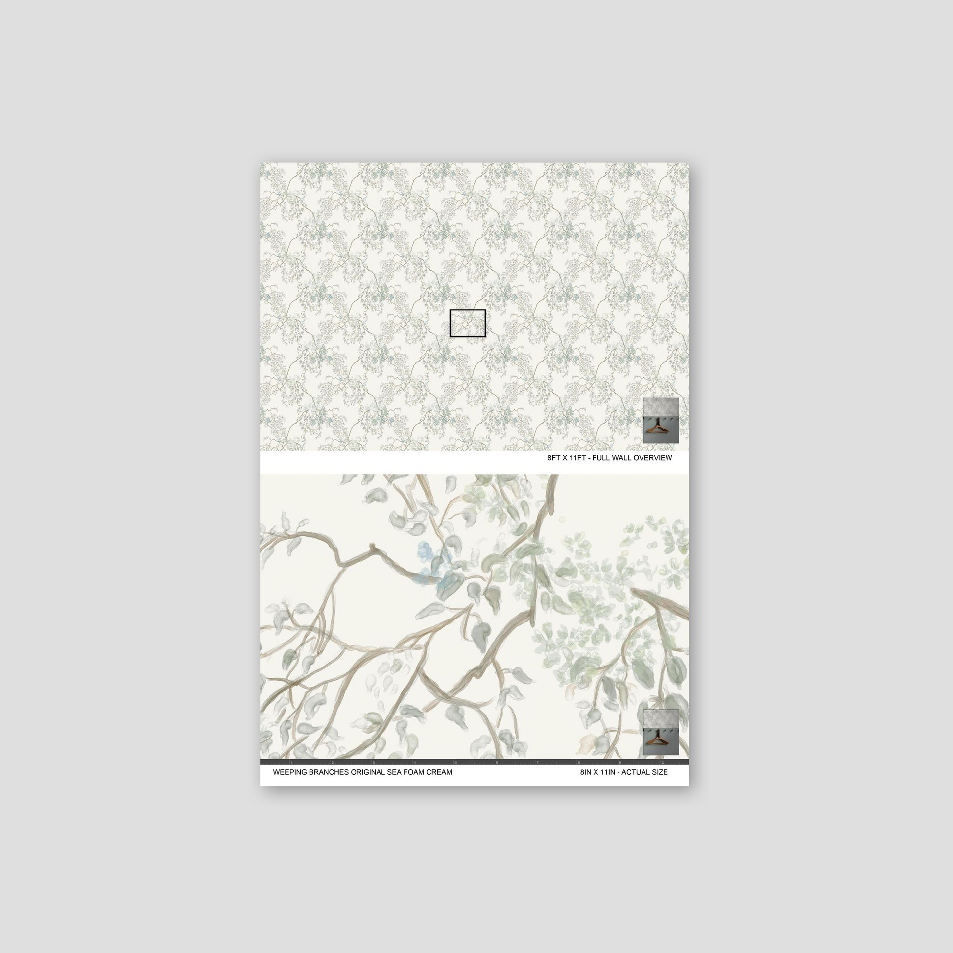 Weeping Branches wallpaper with floral pattern in sea foam and cream colors.
