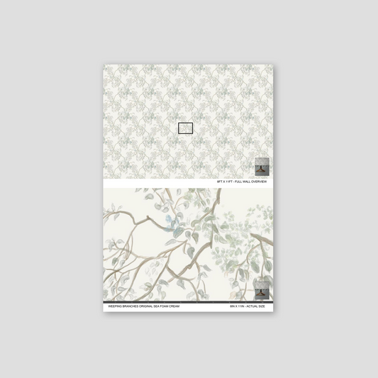 Weeping Branches wallpaper with floral pattern in sea foam and cream colors.