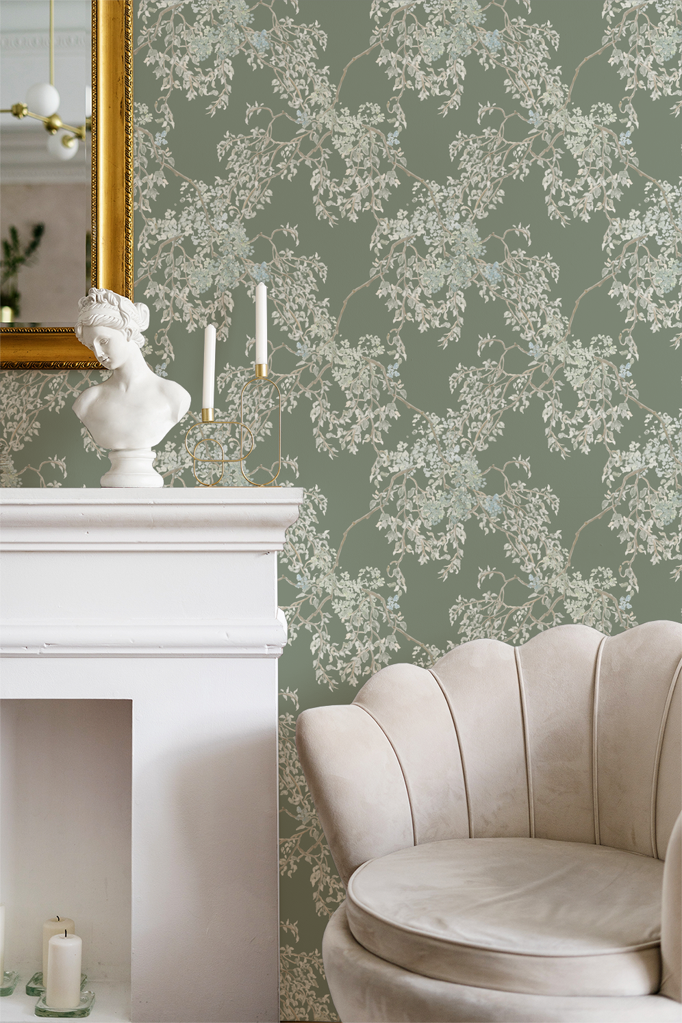 Living room with floral wallpaper, white fireplace, and beige sofa.