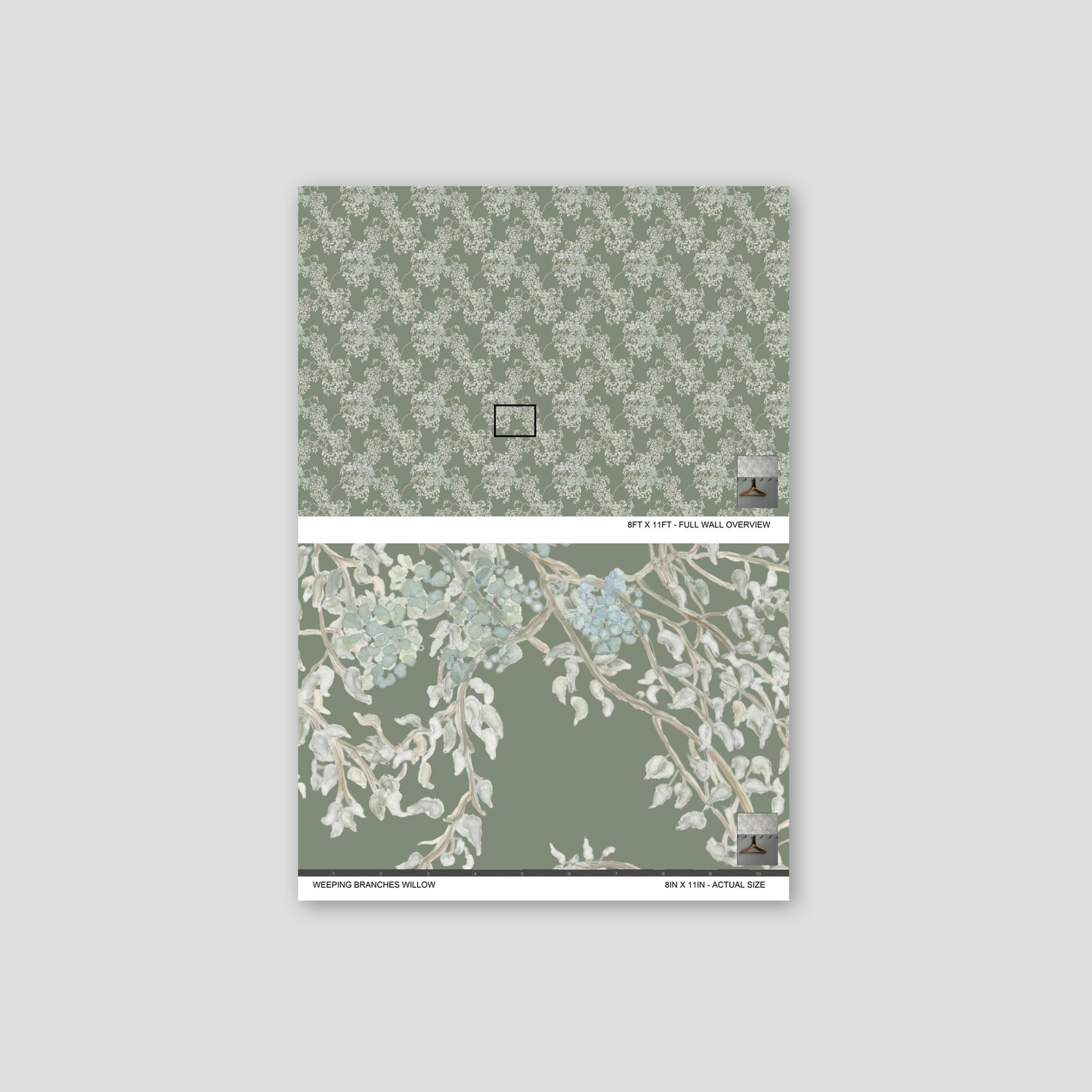 Wallpaper sample with floral pattern on a gray background