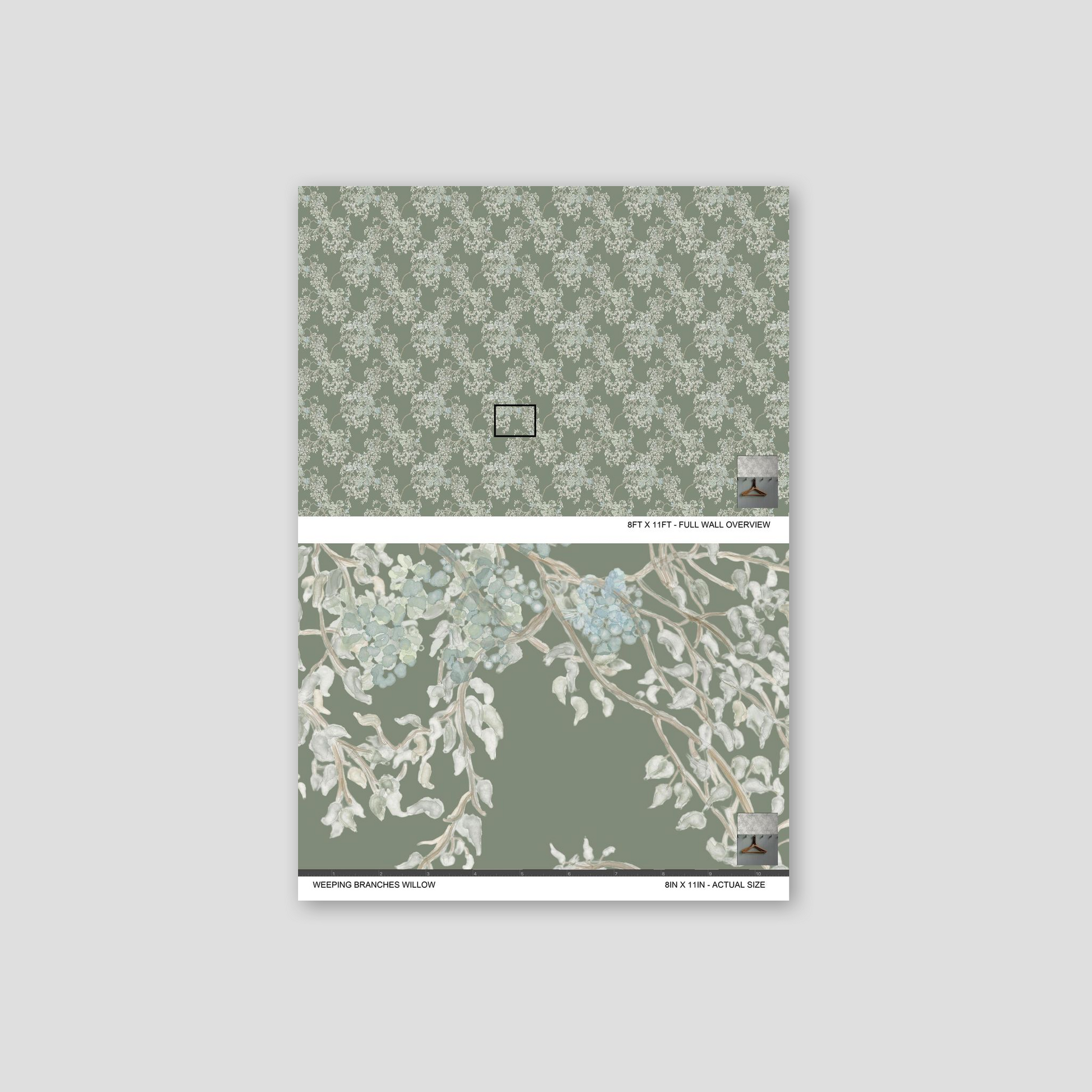 Wallpaper sample with floral pattern on a gray background