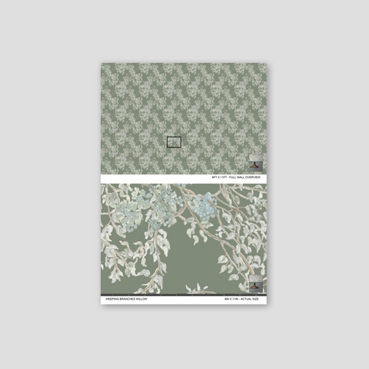 Wallpaper sample with floral pattern on a gray background