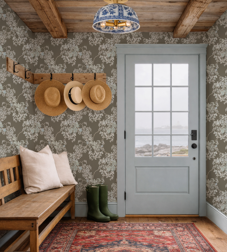 Foyer with floral wallpaper, wooden bench, hats, and green boots.