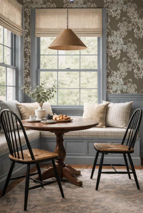 Nook with wooden table and chairs, cushioned bench, and decorative wall paper.