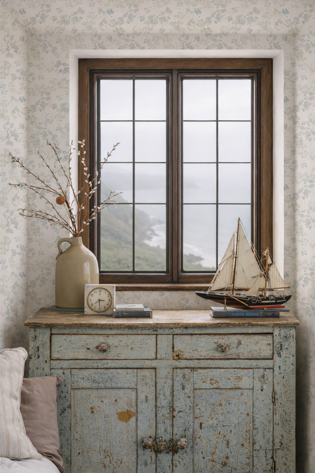 Vintage-style cabinet with decorative items against a patterned wall.