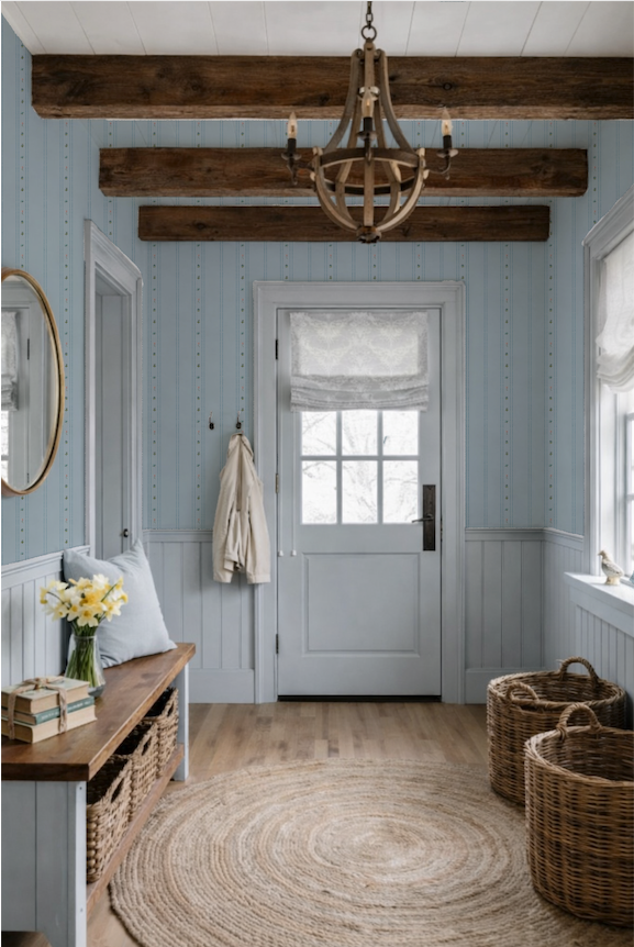 Nautical-themed room with wooden beams, chandelier, and wicker baskets.
