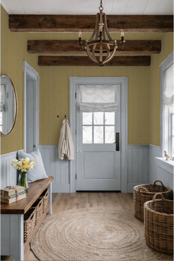 foyer with blue woodwork and floral stripe wallpaper