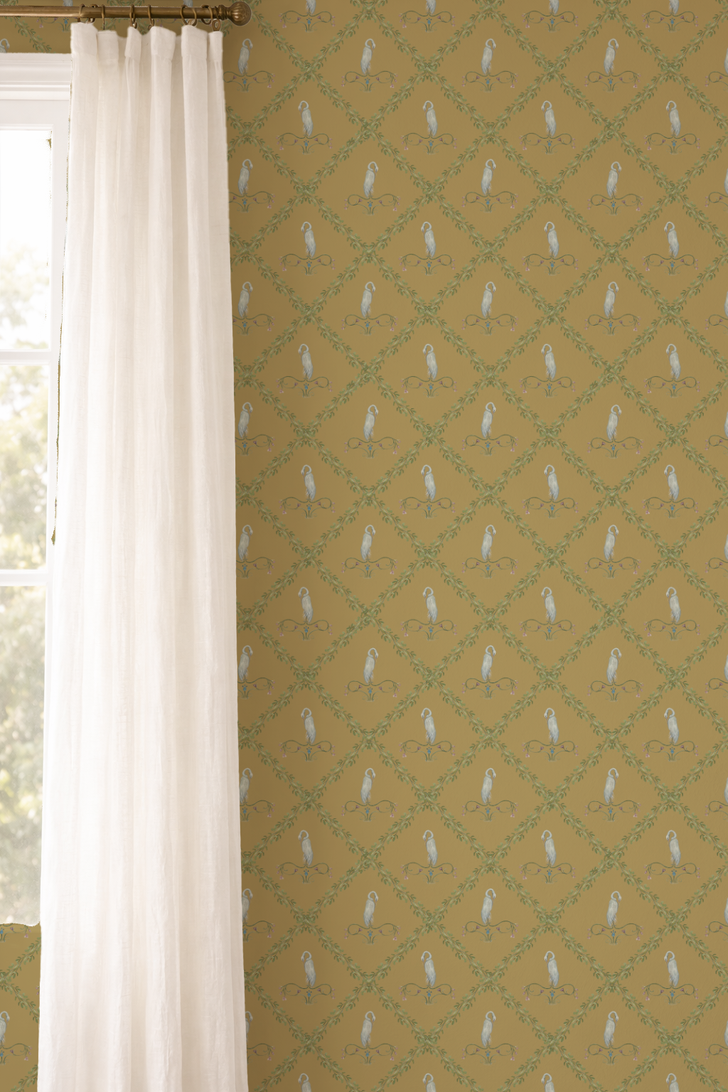 Wallpaper with a subtle pattern on a wall next to a window with white curtains.
