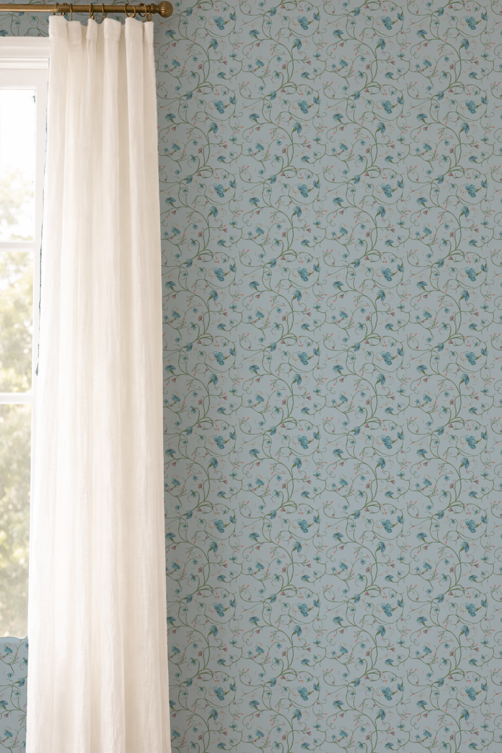 Floral wallpaper with a light blue color scheme and white curtains.