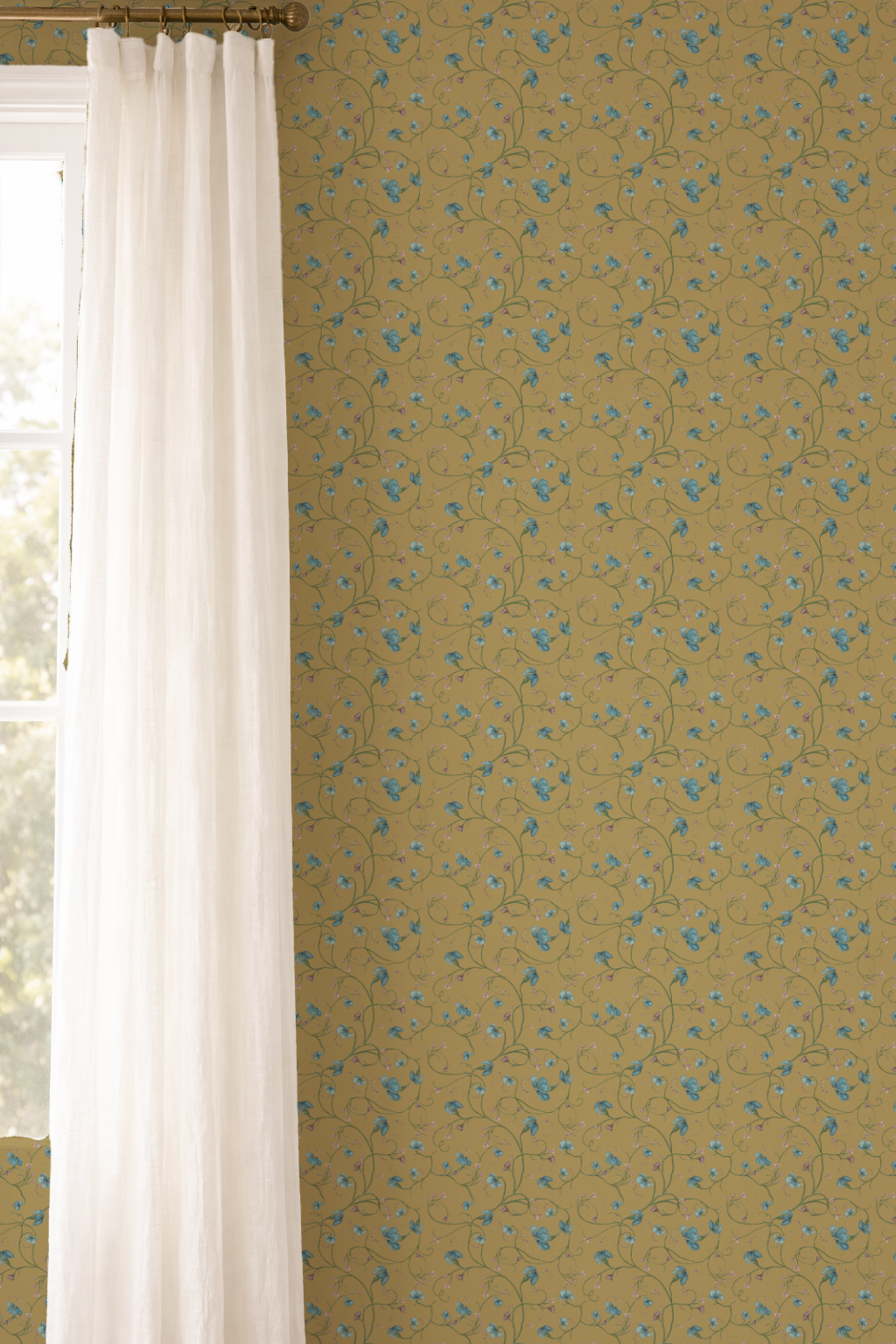 Wallpaper with a subtle pattern on a wall next to a window with white curtains.